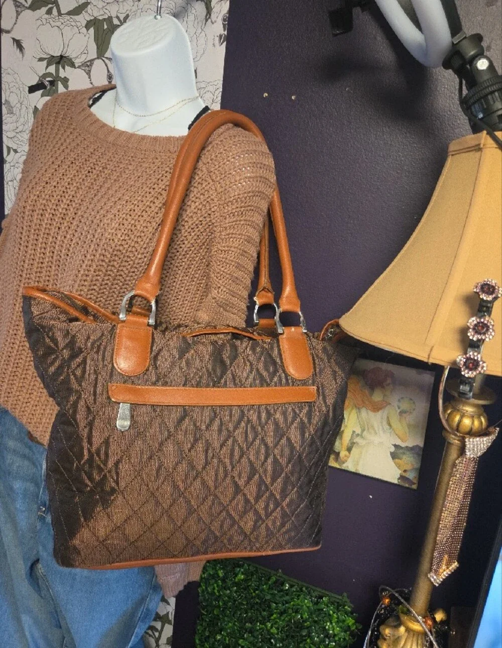 Quilted Shimmery Brown Tote with Tan Trim & Striped Interior